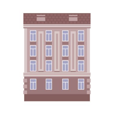Apartman binası. Kentsel retro tarzı, birden fazla kat. Evin ön cephesi, ön manzara. Avrupa tarzı. Mimari tasarım şablonu. Düz vektör çizimi beyaz arkaplanda izole edildi
