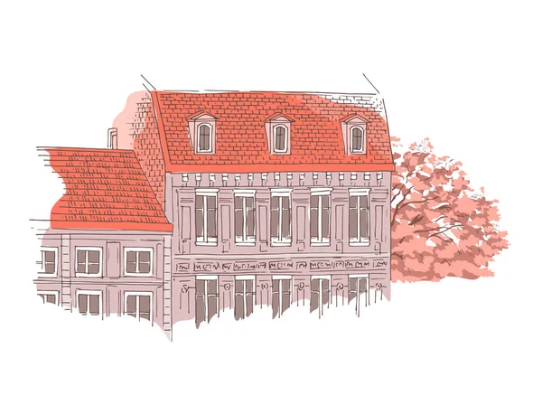Schönes Altstadtgebäude Frankreich Fenster Fußböden Dach Und Herbstbaum Vektorgrafik Handgezeichnete — Stockvektor