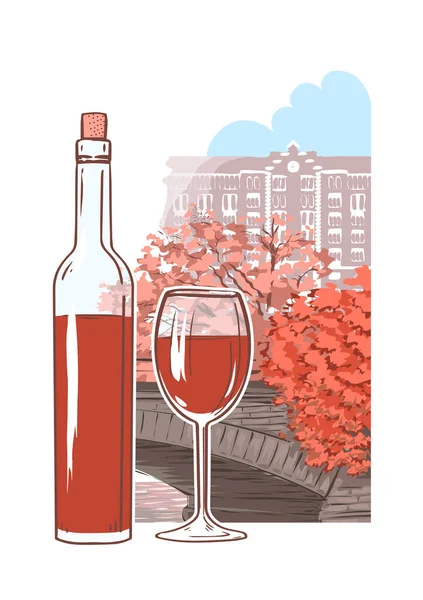 Una Botella Vino Uva Roja Con Vaso Una Bebida Alcohólica — Vector de stock