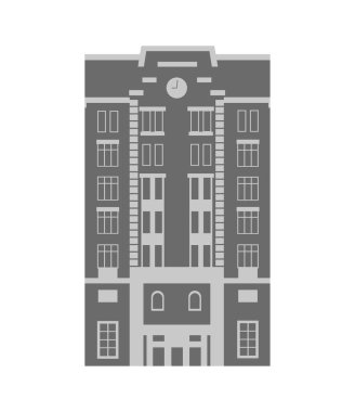 Saati olan bir siluet inşa ediyorum. Kentsel retro tarzı. Evin ön cephesi, ön manzara. Avrupa tarzı. Mimarlık şehri şablonu. Düz vektör çizimi beyaz arkaplanda izole edildi