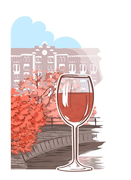 一杯红酒和浪漫的秋城 一种令人愉快的酒精饮料 美丽的风景 桥梁和树木 矢量艺术图解的概念 手绘彩绘草图 水彩画风格 — 图库矢量图片