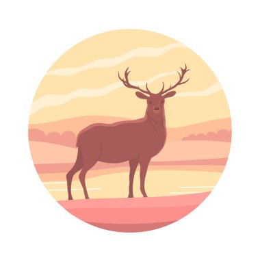 Boynuzlu güzel kırmızı geyik. Ormandaki otçul hayvan. Faina ve vahşi yaşam. Huzurlu doğa manzarası. Sakin bir sabah. Kırsal manzara. Düz vektör yuvarlak çizimi