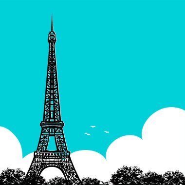 Paris 'teki Eyfel Kulesi' nin silueti. Mavi gökyüzü ve bulut. Fransa 'da güzel bir şehir. Logo, kartpostal, afiş, poster ve imza için tasarım. Vektör rengi sanat retro illüstrasyonu. El çizimi çizim