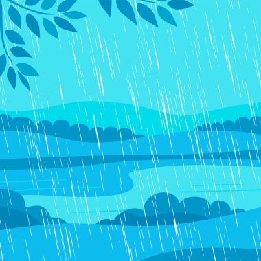 Göl ile vahşi doğada yağmur. Bulutlu hava ve mevsim. Yağmur damlası dokusu. Doğanın manzarası. Düz mavi vektör illüstrasyonu