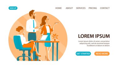 İş adamı ve ofiste çalışma sürecinde olan iki kız. Stratejimizi tartışalım. Masada bir dizüstü bilgisayar var. Başarılı bir iş. Pankart için tasarım, web sitesi. Vektör çizimi. Beyaz arkaplan