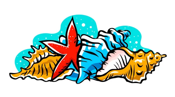カラフルな貝殻やヒトデのセット カタツムリの貝殻 海の水中でツイスト貝殻 螺旋状 海底軟体動物 動物や野生動物 漫画ベクトル絶縁アートイラスト手描き — ストックベクタ