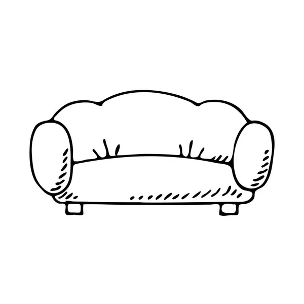 柔软的沙发 舒适的家居家具 室内物体 在白色背景上孤立的卡通矢量轮廓 手绘草图黑白相间 — 图库矢量图片