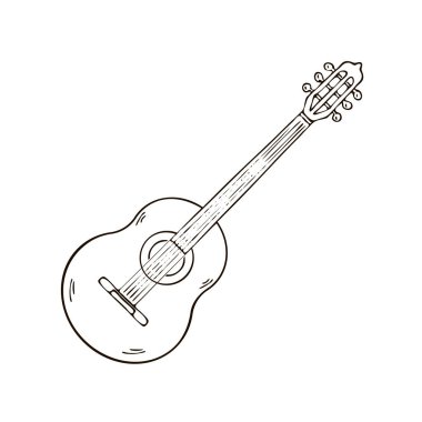 Klasik gitar çalıyor. Telli müzik aleti. Kapak tasarımı Siyah beyaz vektör izole edilmiş illüstrasyon. El çizimi taslak