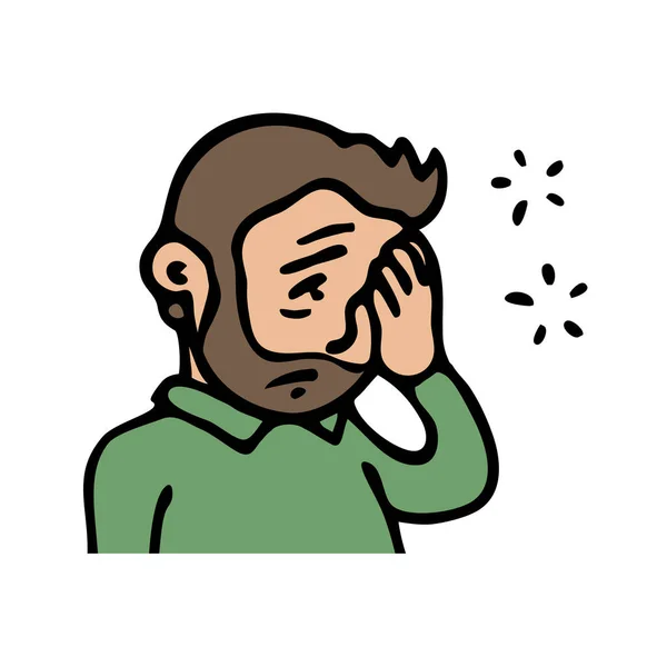 Jeune Homme Barbu Mal Tête Maladie Froid Stress Fatigue Illustration — Image vectorielle
