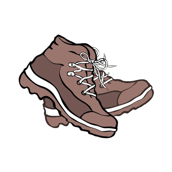 一双远足靴 时尚旅游鞋 旅行设备 积极的生活方式 在白色背景上孤立的卡通矢量图解 手绘轮廓风格 — 图库矢量图片