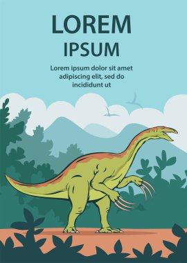 Arka planda pençeleri olan Therizinosaurus antik ormanı. Kuyruğunda çiviler olan güçlü bir dinozor. Nesli tükenmiş kertenkele Jurassic dönemi. Çizgi film vektör sanat illüstrasyonu posteri. El çizimi ana hatları