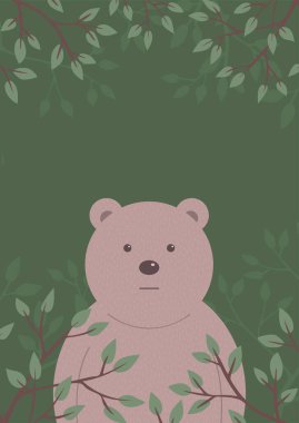 Ormanda yaşayan bir ayının çizgi film lideri. Ağaç yaprakları. Çocuklar için bir karakter. Vahşi hayvan. Tasarım posteri, kartpostal. Düz vektör izole çizimi