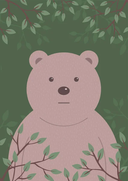 Cartoon head of a kind bear on forest background. Tree foliage. Character for children. Wild animal. Design poster, postcard. Flat isolated illustration