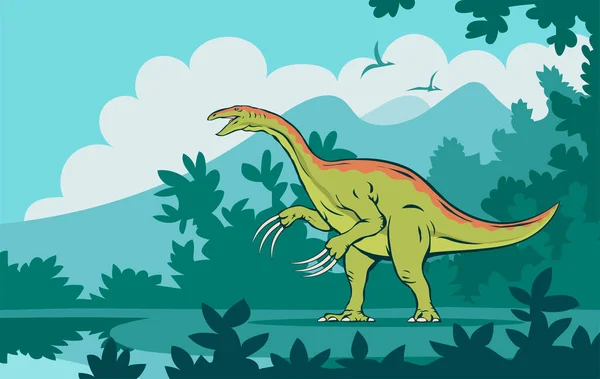 Therizinosaurus Claws Background Ancient Forest Extinct Lizard Dinosaur Jurassic Period — Stock Vector