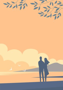 Deniz kıyısındaki genç kadın ve erkeğin silueti.