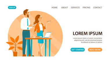 İş adamı ve kız ofiste çalışma sürecinde. Stratejimizi tartışalım. Masada bir dizüstü bilgisayar var. Başarılı bir iş. Pankart için tasarım, web sitesi. Vektör çizimi. Beyaz arkaplan