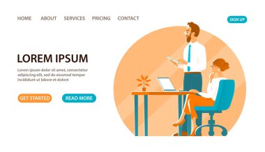 İş adamı ve kız ofiste çalışma sürecinde. Stratejimizi tartışalım. Masada bir dizüstü bilgisayar var. Başarılı bir iş. Pankart için tasarım, web sitesi. Vektör çizimi. Beyaz arkaplan