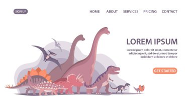 Bir grup dinozor. Trex, brachiosaurus, pteranodon ve triceratops. Jurasik hayvanlar. Çocuk oyuncakları, eğlence ve eğlence parkı. Poster, afiş, web sitesi için tasarım. Çizgi film illüstrasyonu