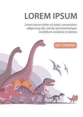 Bir grup dinozor. Trex, brachiosaurus, pteranodon ve triceratops. Jurasik hayvanlar. Çocuk oyuncakları, eğlence ve eğlence parkı. Poster, afiş, web sitesi için tasarım. Çizgi film illüstrasyonu