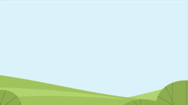 Summer landscape of nature. Panorama with green forests, fields and blue sky with clouds. Rural scener. Cartoon animation. Video motion