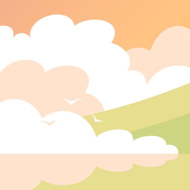 Landscape of calm sea, coast with seagulls, cloud and blue sky. Beautiful nature. Wild beach. Summer sea. Flat vector illustration background