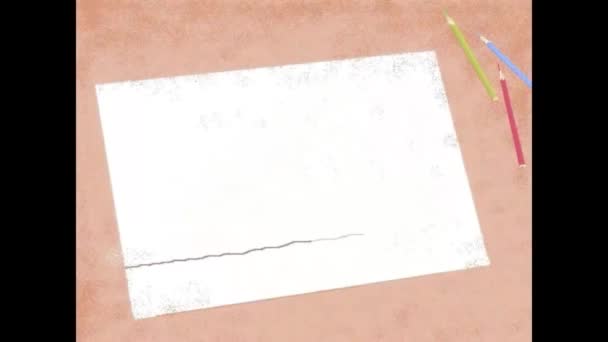 Дети Рисуют Цветными Карандашами Бумаге Природа Дерево Цветок Солнце Мультфильм — стоковое видео