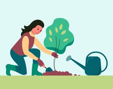 A woman is planting a young tree sapling. Digs the soil with a shovel and watering can. Springtime. Gardening outdoors. Caring for nature and ecology. Vector flat illustration