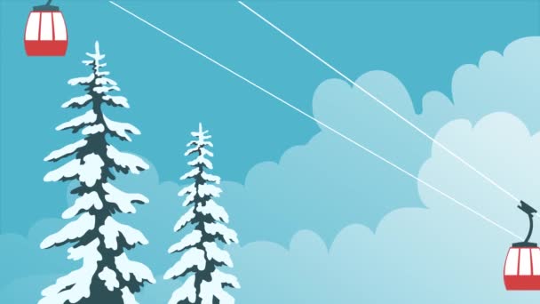 Ski Winter Resort Cable Car Snowy Firs Mountain Background Blue — Stockvideo