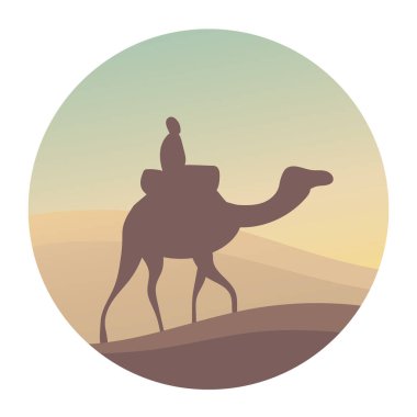 Bir deve silueti ve sıcak çölde bir bedevi