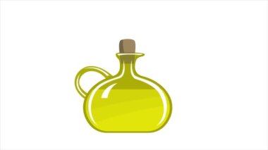 Glass bottle of olive oil. Branch of olive. Italian cuisine. Useful food ingredient for a recipe. Healthy diet food. Italy plant. Cartoon illustration isolated on white background. Video motion animation