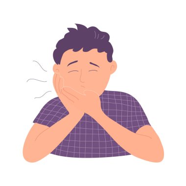 A young man suffers from a toothache. Caries, pulpitis and pain. Symptom of dental disease. Tooth treatment. Flat vector illustration isolated on white background