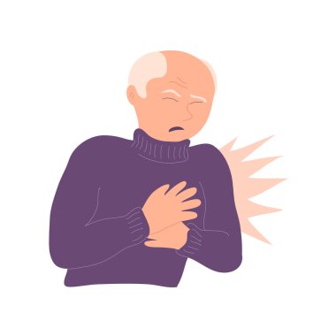 Elderly man with heart pain. Acute attack of myocardial infarction or angina pectoris. Heart disease. Flat vector illustration isolated on white background