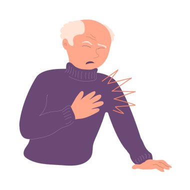 Elderly man with heart pain on white background