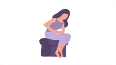 A woman suffers from abdominal pain. Symptom of menstruation, acute gastritis, diarrhea. Disease of the gastrointestinal tract. Flat illustration isolated on white background. Video motion animation
