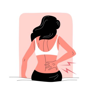 A woman with back pain sits on a bed. Symptom of the disease. Body care and health. Flat vector illustration isolated on white background