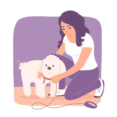 Young woman putting on a dog collar to her beloved pet. They are going to walk. Pet care and friendship. Cartoon vector character illustration