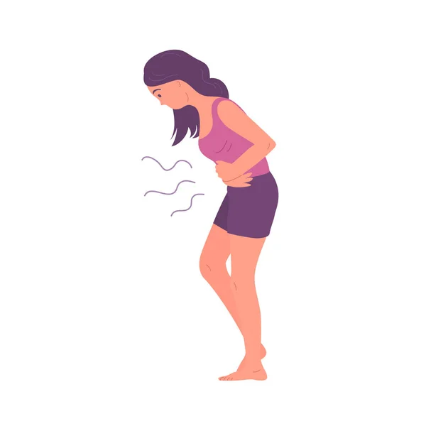 Young Woman Suffers Abdominal Pain Bent Posture Symptom Acute Gastritis — 스톡 벡터
