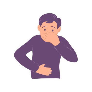 A young man suffers from nausea and abdominal pain. Vomiting and diarrhea. Symptom of the disease. The infection is bacterial. Flat vector illustration isolated on white background