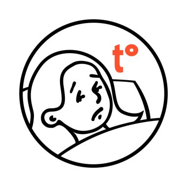 Girl child lies in bed with high temperature. Viral cold disease, a symptom of the disease. Pediatrics and treatment. Cartoon vector art illustration. Hand drawn outline sketch black and white