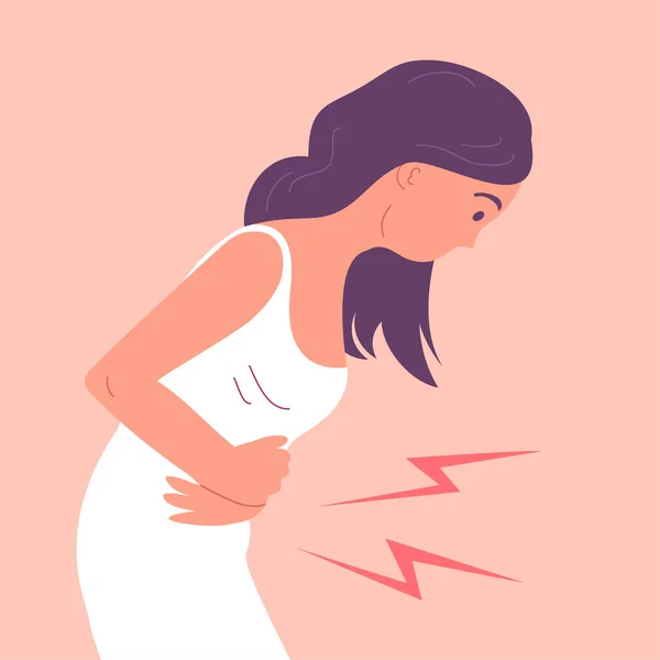 若い女性は腹痛に悩まされる 曲げ姿勢 急性胃炎の症状 消化管の病気 平面ベクトル図 — ストックベクタ