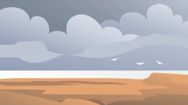 Seascape with coast, cloud and mountains. Beautiful nature wildlife. Wild beach. Sea and seagulls. Flat illustration. Cartoon animation video motion