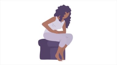 A woman suffers from abdominal pain. Symptom of menstruation, acute gastritis, diarrhea. Disease of the gastrointestinal tract. Flat illustration isolated on white background. Video motion animation