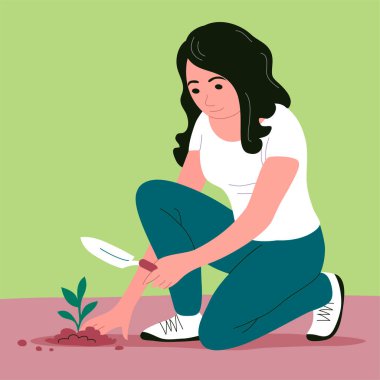 The girl planted a young seedling in the ground. In the hand a garden scoop. Springtime. Gardening outdoors. Caring for nature and ecology. Vector cartoon illustration