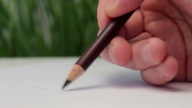 Bir erkek eli bir kağıt parçasına kurşun kalemle çizer. Sanatsal alet. Bir kadın portresi çiziyorum. Fikir, hobi ve yaratıcılık. Video kapanışı