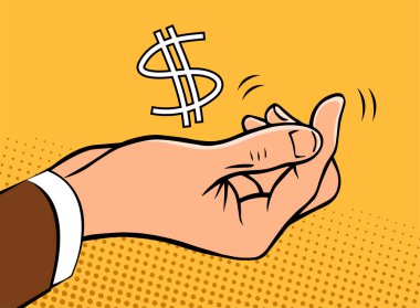 The hand of a man asks for a monetary bribe. Corrupt official. Corruption, payment, criminal business. Pop art cartoon vector illustration. Hand drawn style