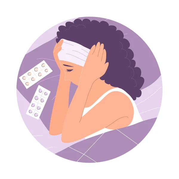Woman Bed Suffers Headache — Stockvector