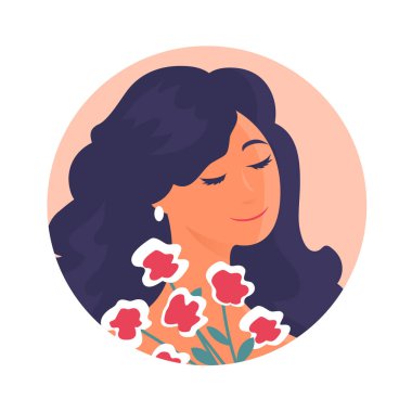 Çiçekli güzel kız. Bir kadın portresi. Yüzünde mutlu bir gülümseme. Çizgi film vektör illüstrasyonu