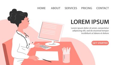 Ofisteki kadın doktor. Masa ve bilgisayar. Tıbbi teşhis ve tedavi. Ziyaret kliniği, danışmanlık uzmanı. Sağlık hizmetleri. Poster, afiş, web sitesi için tasarım. Çizgi film vektör illüstrasyonu