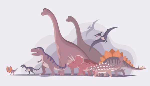 Группа Динозавров Тирекс Брахиозавр Птеранодон Стегозавр Трицератопс Юрский Период Детские — стоковый вектор