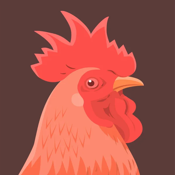 Head portrait of a rooster. Domestic male bird. Logo, emblem of label, design. Chicken meat, food, farming. Cartoon illustration